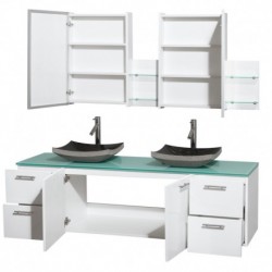 72 inch Double Bathroom Vanity in Glossy White, Green Glass Countertop, Altair Black Granite Sinks, and Medicine Cabinets