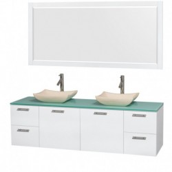 72 inch Double Bathroom Vanity in Glossy White, Green Glass Countertop, Avalon Ivory Marble Sinks, and 70 inch Mirror