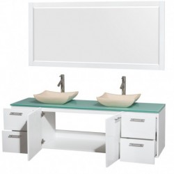 72 inch Double Bathroom Vanity in Glossy White, Green Glass Countertop, Avalon Ivory Marble Sinks, and 70 inch Mirror