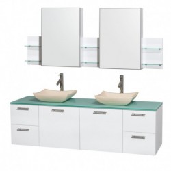 72 inch Double Bathroom Vanity in Glossy White, Green Glass Countertop, Avalon Ivory Marble Sinks, and Medicine Cabinets