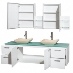 72 inch Double Bathroom Vanity in Glossy White, Green Glass Countertop, Avalon Ivory Marble Sinks, and Medicine Cabinets
