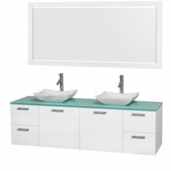 72 inch Double Bathroom Vanity in Glossy White, Green Glass Countertop, Avalon White Carrera Marble Sinks, and 70 inch Mirror