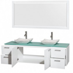 72 inch Double Bathroom Vanity in Glossy White, Green Glass Countertop, Avalon White Carrera Marble Sinks, and 70 inch Mirror