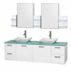 72 inch Double Bathroom Vanity in Glossy White, Green Glass Countertop, Avalon White Carrera Marble Sinks, and Medicine Cabinet