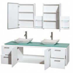 72 inch Double Bathroom Vanity in Glossy White, Green Glass Countertop, Avalon White Carrera Marble Sinks, and Medicine Cabinet