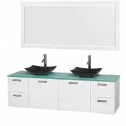 72 inch Double Bathroom Vanity in Glossy White, Green Glass Countertop, Arista Black Granite Sinks, and 70 inch Mirror