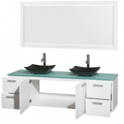 72 inch Double Bathroom Vanity in Glossy White, Green Glass Countertop, Arista Black Granite Sinks, and 70 inch Mirror