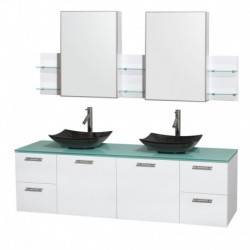 72 inch Double Bathroom Vanity in Glossy White, Green Glass Countertop, Arista Black Granite Sinks, and Medicine Cabinets
