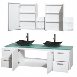 72 inch Double Bathroom Vanity in Glossy White, Green Glass Countertop, Arista Black Granite Sinks, and Medicine Cabinets