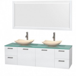 72 inch Double Bathroom Vanity in Glossy White, Green Glass Countertop, Arista Ivory Marble Sinks, and 70 inch Mirror