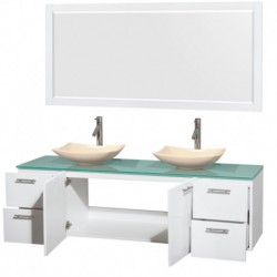 72 inch Double Bathroom Vanity in Glossy White, Green Glass Countertop, Arista Ivory Marble Sinks, and 70 inch Mirror
