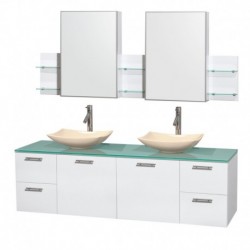 72 inch Double Bathroom Vanity in Glossy White, Green Glass Countertop, Arista Ivory Marble Sinks, and Medicine Cabinets