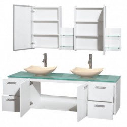72 inch Double Bathroom Vanity in Glossy White, Green Glass Countertop, Arista Ivory Marble Sinks, and Medicine Cabinets