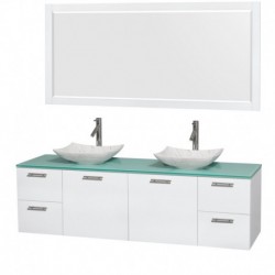 72 inch Double Bathroom Vanity in Glossy White, Green Glass Countertop, Arista White Carrera Marble Sinks, and 70 inch Mirror