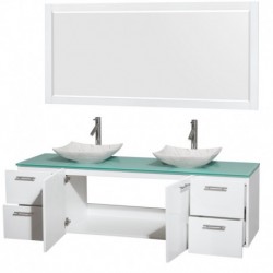 72 inch Double Bathroom Vanity in Glossy White, Green Glass Countertop, Arista White Carrera Marble Sinks, and 70 inch Mirror