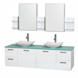 72 inch Double Bathroom Vanity in Glossy White, Green Glass Countertop, Arista White Carrera Marble Sinks, and Medicine Cabinet