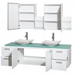 72 inch Double Bathroom Vanity in Glossy White, Green Glass Countertop, Arista White Carrera Marble Sinks, and Medicine Cabinet