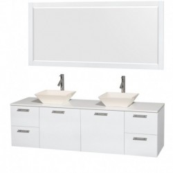 72 inch Double Bathroom Vanity in Glossy White, White Man-Made Stone Countertop, Pyra Bone Porcelain Sinks, and 70 inch Mirror