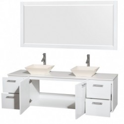 72 inch Double Bathroom Vanity in Glossy White, White Man-Made Stone Countertop, Pyra Bone Porcelain Sinks, and 70 inch Mirror