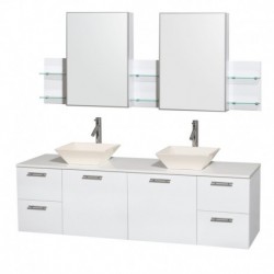 72 inch Double Bathroom Vanity in Glossy White, White Man-Made Stone Countertop, Pyra Bone Porcelain Sinks, and Medicine Cabine