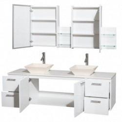 72 inch Double Bathroom Vanity in Glossy White, White Man-Made Stone Countertop, Pyra Bone Porcelain Sinks, and Medicine Cabine