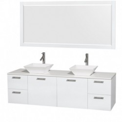 72 inch Double Bathroom Vanity in Glossy White, White Man-Made Stone Countertop, Pyra White Sinks, and 70 inch Mirror