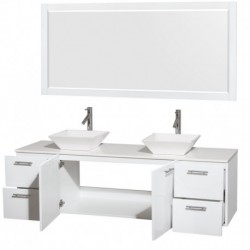 72 inch Double Bathroom Vanity in Glossy White, White Man-Made Stone Countertop, Pyra White Sinks, and 70 inch Mirror