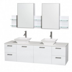 72 inch Double Bathroom Vanity in Glossy White, White Man-Made Stone Countertop, Pyra White Sinks, and Medicine Cabinets