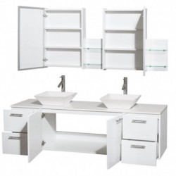 72 inch Double Bathroom Vanity in Glossy White, White Man-Made Stone Countertop, Pyra White Sinks, and Medicine Cabinets