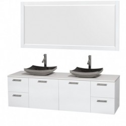 72 inch Double Bathroom Vanity in Glossy White, White Man-Made Stone Countertop, Altair Black Granite Sinks, and 70 inch Mirror