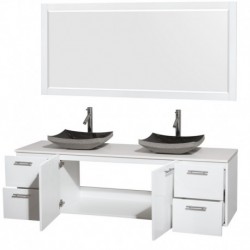 72 inch Double Bathroom Vanity in Glossy White, White Man-Made Stone Countertop, Altair Black Granite Sinks, and 70 inch Mirror