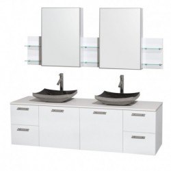 72 inch Double Bathroom Vanity in Glossy White, White Man-Made Stone Countertop, Altair Black Granite Sinks, and Medicine Cabin
