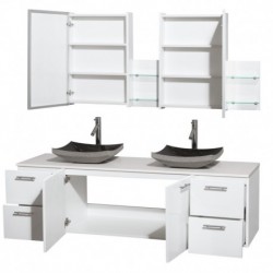 72 inch Double Bathroom Vanity in Glossy White, White Man-Made Stone Countertop, Altair Black Granite Sinks, and Medicine Cabin