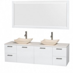 72 inch Double Bathroom Vanity in Glossy White, White Man-Made Stone Countertop, Avalon Ivory Marble Sinks, and 70 inch Mirror