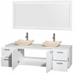 72 inch Double Bathroom Vanity in Glossy White, White Man-Made Stone Countertop, Avalon Ivory Marble Sinks, and 70 inch Mirror
