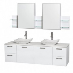 72 inch Double Bathroom Vanity in Glossy White, White Man-Made Stone Countertop, Avalon White Carrera Marble Sinks, and Medicin