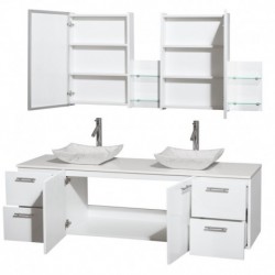72 inch Double Bathroom Vanity in Glossy White, White Man-Made Stone Countertop, Avalon White Carrera Marble Sinks, and Medicin