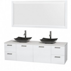 72 inch Double Bathroom Vanity in Glossy White, White Man-Made Stone Countertop, Arista Black Granite Sinks, and 70 inch Mirror