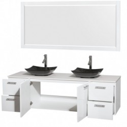 72 inch Double Bathroom Vanity in Glossy White, White Man-Made Stone Countertop, Arista Black Granite Sinks, and 70 inch Mirror