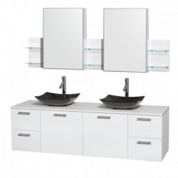 72 inch Double Bathroom Vanity in Glossy White, White Man-Made Stone Countertop, Arista Black Granite Sinks, and Medicine Cabin