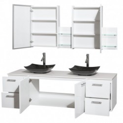 72 inch Double Bathroom Vanity in Glossy White, White Man-Made Stone Countertop, Arista Black Granite Sinks, and Medicine Cabin