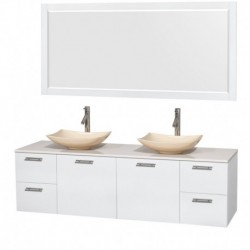 72 inch Double Bathroom Vanity in Glossy White, White Man-Made Stone Countertop, Arista Ivory Marble Sinks, and 70 inch Mirror