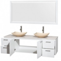 72 inch Double Bathroom Vanity in Glossy White, White Man-Made Stone Countertop, Arista Ivory Marble Sinks, and 70 inch Mirror