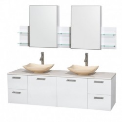 72 inch Double Bathroom Vanity in Glossy White, White Man-Made Stone Countertop, Arista Ivory Marble Sinks, and Medicine Cabine