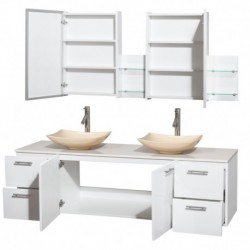72 inch Double Bathroom Vanity in Glossy White, White Man-Made Stone Countertop, Arista Ivory Marble Sinks, and Medicine Cabine