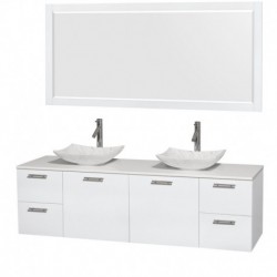 72 inch Double Bathroom Vanity in Glossy White, White Man-Made Stone Countertop, Arista White Carrera Marble Sinks, and 70 inch