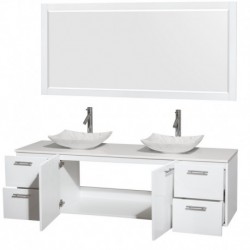 72 inch Double Bathroom Vanity in Glossy White, White Man-Made Stone Countertop, Arista White Carrera Marble Sinks, and 70 inch