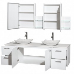 72 inch Double Bathroom Vanity in Glossy White, White Man-Made Stone Countertop, Arista White Carrera Marble Sinks, and Medicin