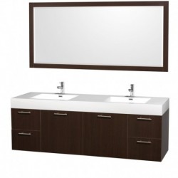 72 inch Double Bathroom Vanity in Espresso with Acrylic Resin Top, Integrated Sinks, and 70 inch Mirror