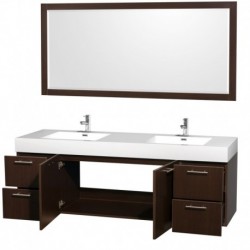72 inch Double Bathroom Vanity in Espresso with Acrylic Resin Top, Integrated Sinks, and 70 inch Mirror